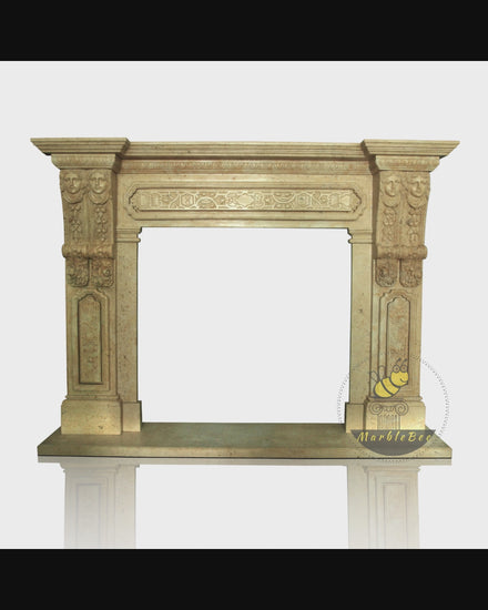 Beige Limestone Antique Carved Fireplace Mantel with Faces in Caryatids