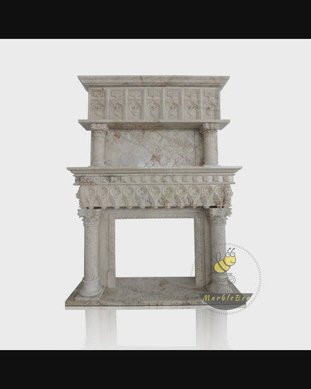 10 ft High Beige Travertine Fireplace Overmantel with Column Decor