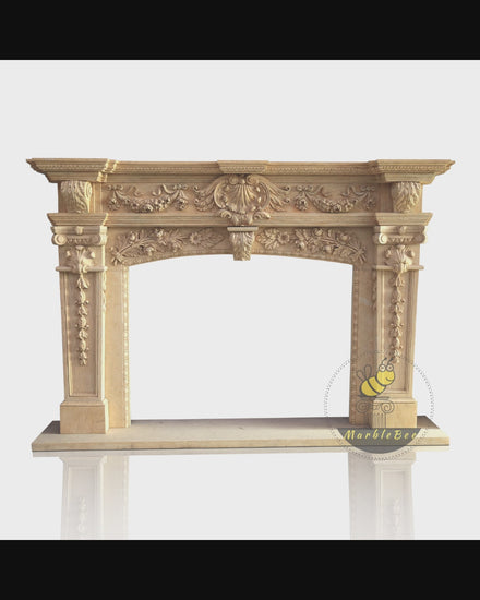 Ornate Egyptian Beige Marble Fireplace Mantel With Intricate leaves