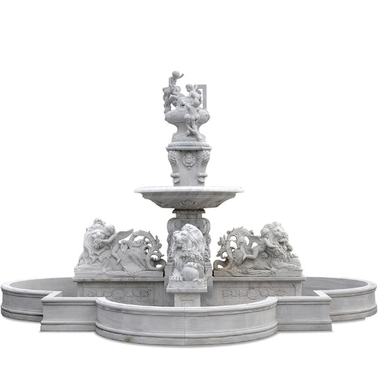 Custom White marble fountain with lion statues
