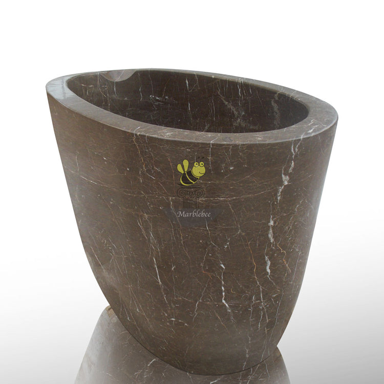 Deep japanese soaking tub with head rester Marblebee hand-carved from brown marble