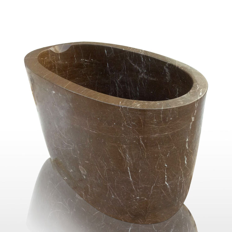 Deep japanese soaking tub with head rester Marblebee hand-carved from brown marble