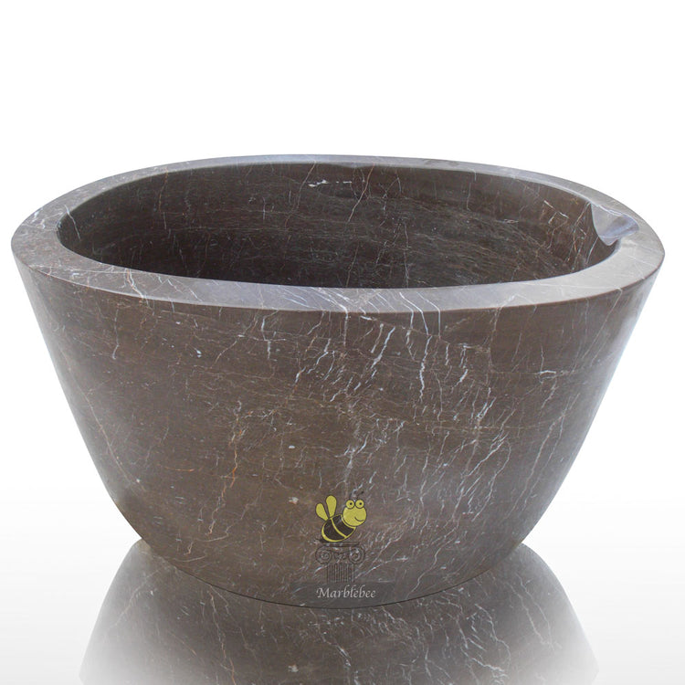 Deep japanese soaking tub with head rester Marblebee hand-carved from brown marble