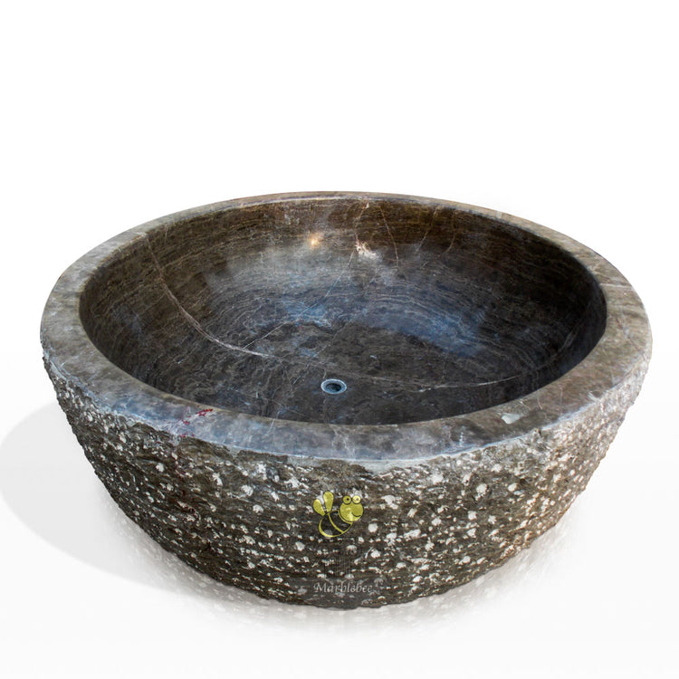 Round tub hand-carved from brown marble Japanese soaking tub style