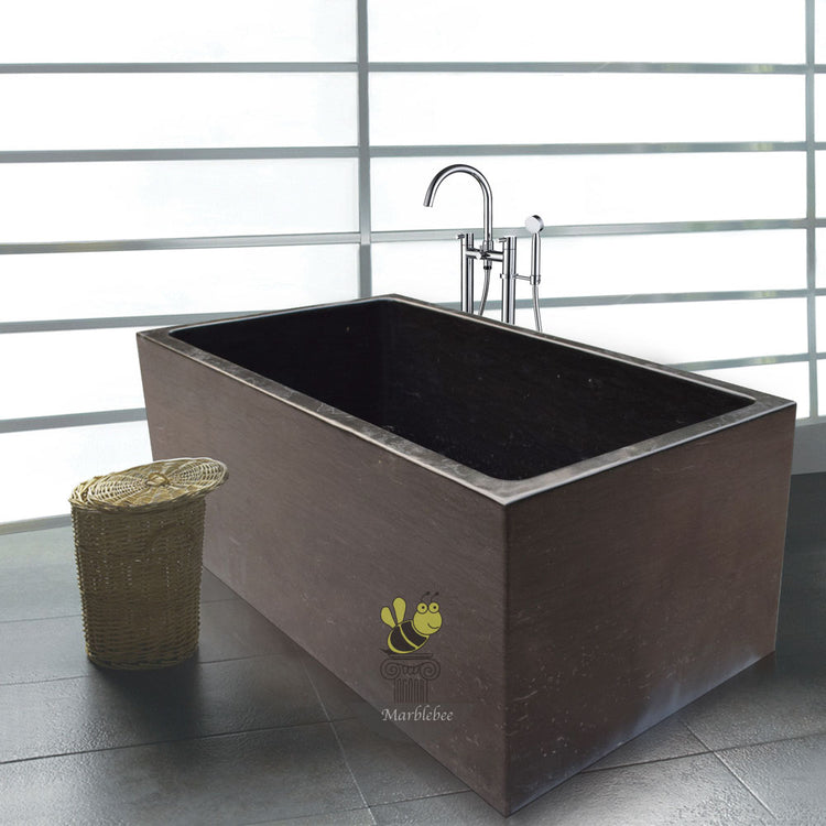 Rectangular Japanese soaking tub made by black marble - 78 inch natural stone square corner tub