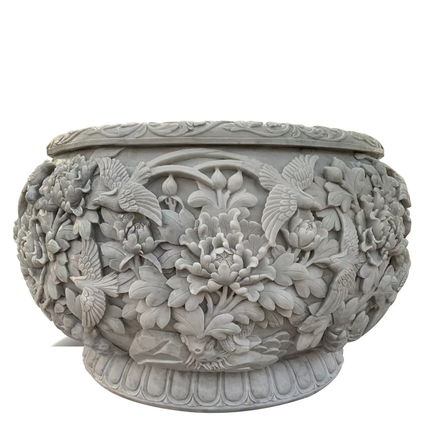 Carved antique limestone white marble planter