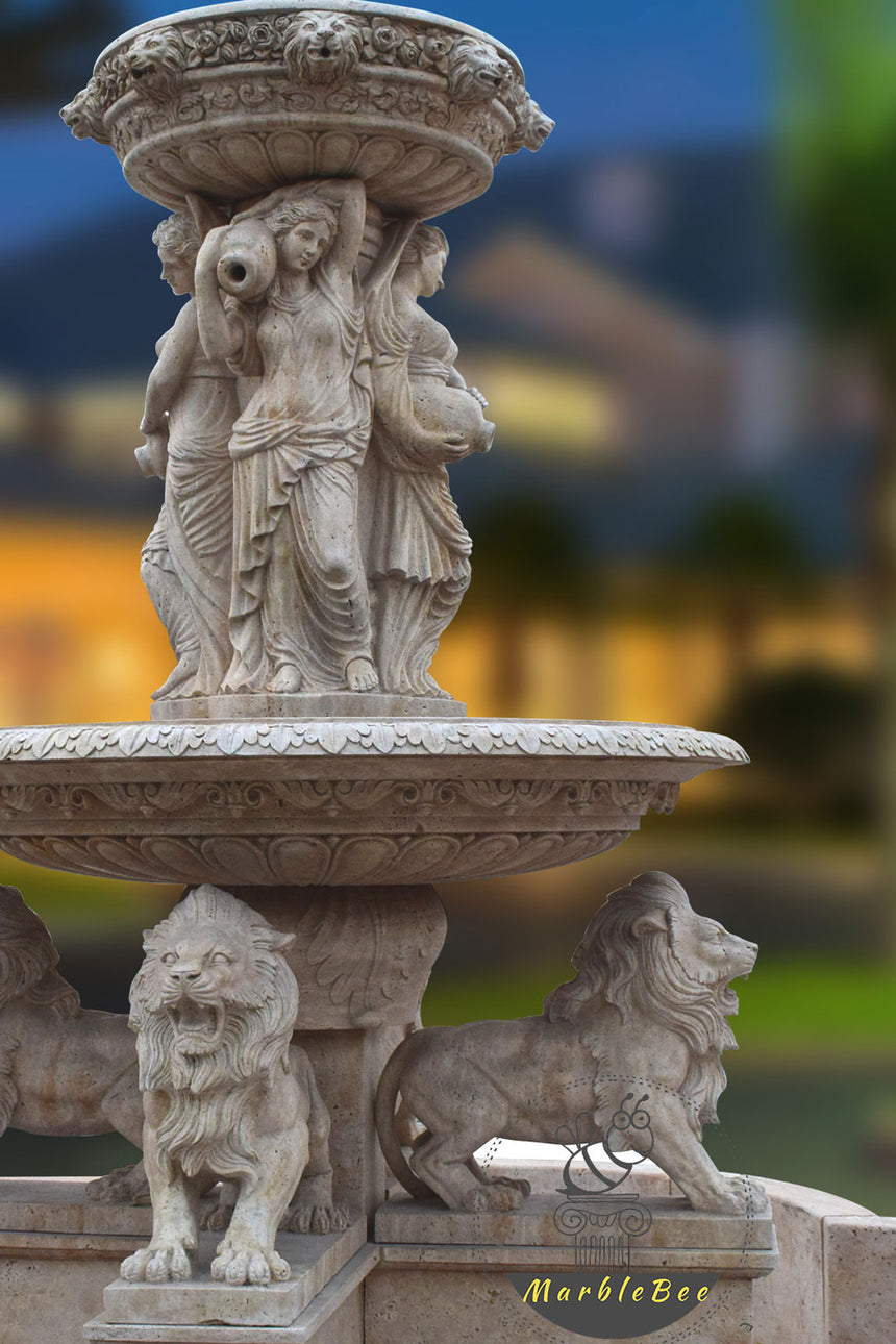 Large garden stone fountain with lion sculptures and lion head sprayer
